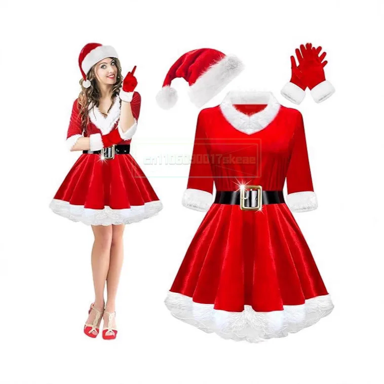 

Christmas Outfit Red Adult Women's Velvet Dress With Half Sleeves Santa Claus Party Suit 2025 New Fur Dress Hat Gloves Full Set