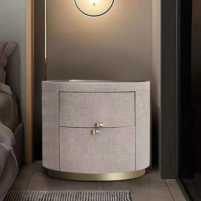 Round bedside table with 2 drawers with gold metal base bedside table