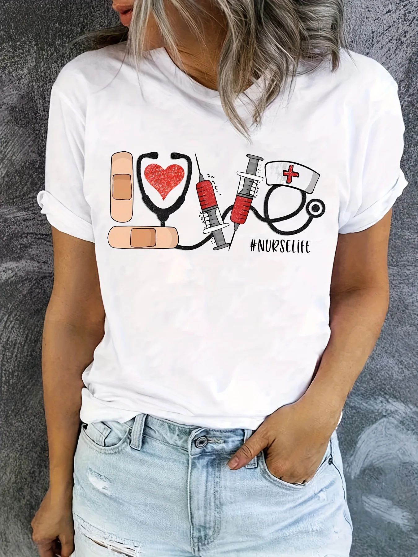 Nurse Element Print Crew Neck T-shirt 90s Short Sleeve Casual Tees Tops for Spring and Summer Women's Graphic T Shirt Clothing