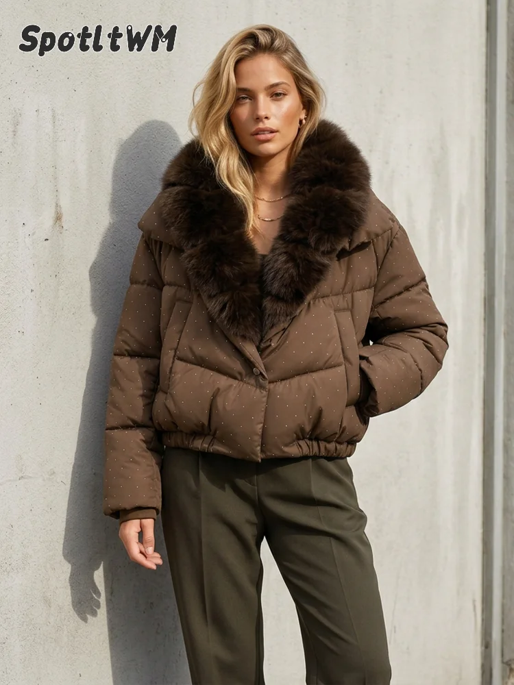 Women Dot Padded Parka Coat Zip Faux Fur Collar Elastic Hem Pocket Jacket Fall Winter Party 2026 New Chic Lady Y2k Overcoat