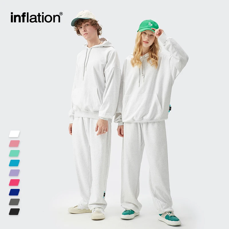 INFLATION Couple Oversized Hoodies Set Unisex Candy Color Cotton Jogger Set Men Urban Streetwear Tracksuit Hip Hop Sweatpant Set