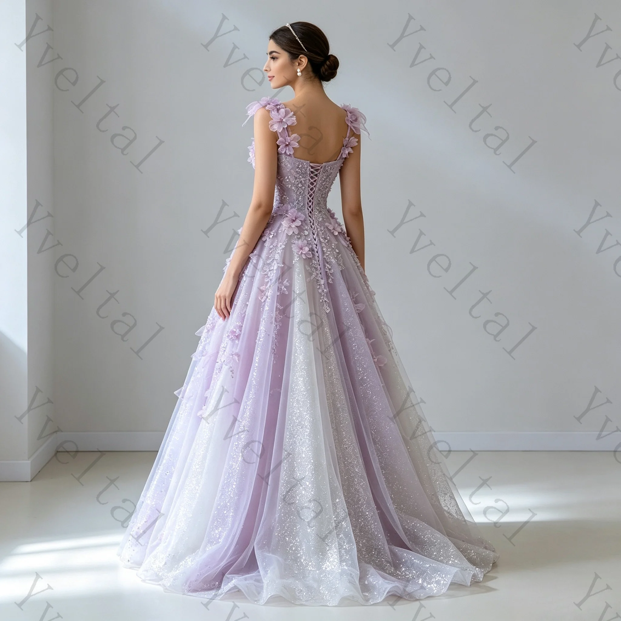 Customized Women’s Lavender Floral Applique Beaded Evening Dress Lace-Up Back A-Line Prom Gown for Wedding Homecoming Party
