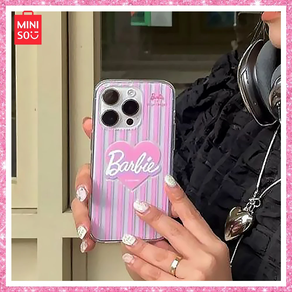

Miniso Barbie Y2 Girls Kawaii Print Pink Stripe Iphone 13/14/12Promax Phone Case Full Cover Anti Drop Soft Case Gift