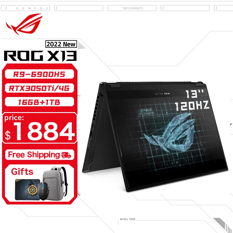 Игровой ноутбук ASUS ROG Flow X13, AMD Ryzen 9, 6900HS, 16 ГБ, 1 ТБ SSD, экран 120 Гц, 13-дюймовый ноутбук, спортивный компьютер