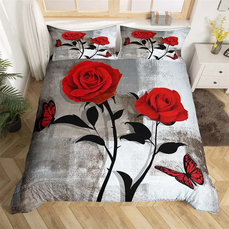 

Red Rose Duvet Cover Set Single King Oil Painting Butterfly Floral Bedding Set Microfiber Vintage Watercolor Artwork Quilt Cover