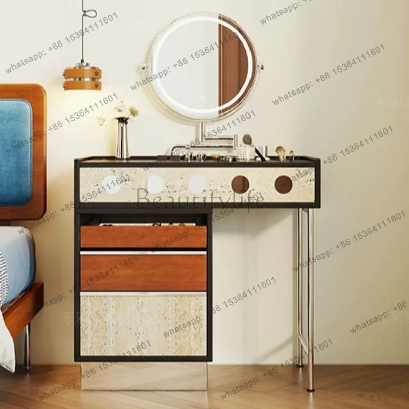 zj.Bauhaus Style Retractable Vanity Table with Chest of Drawers Dressing Desk with Round LED Mirror Combination Makeup Dresser
