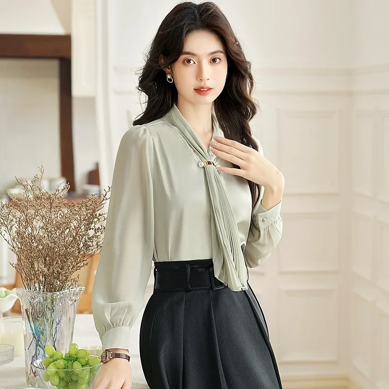 ผู้หญิงเสื้อแขนยาวเสื้อใหม่มาถึง 2024 ฤดูใบไม้ร่วงผ้าพันคอสีทึบ Office Lady Elegant Casual Tops เสื้อ W1919