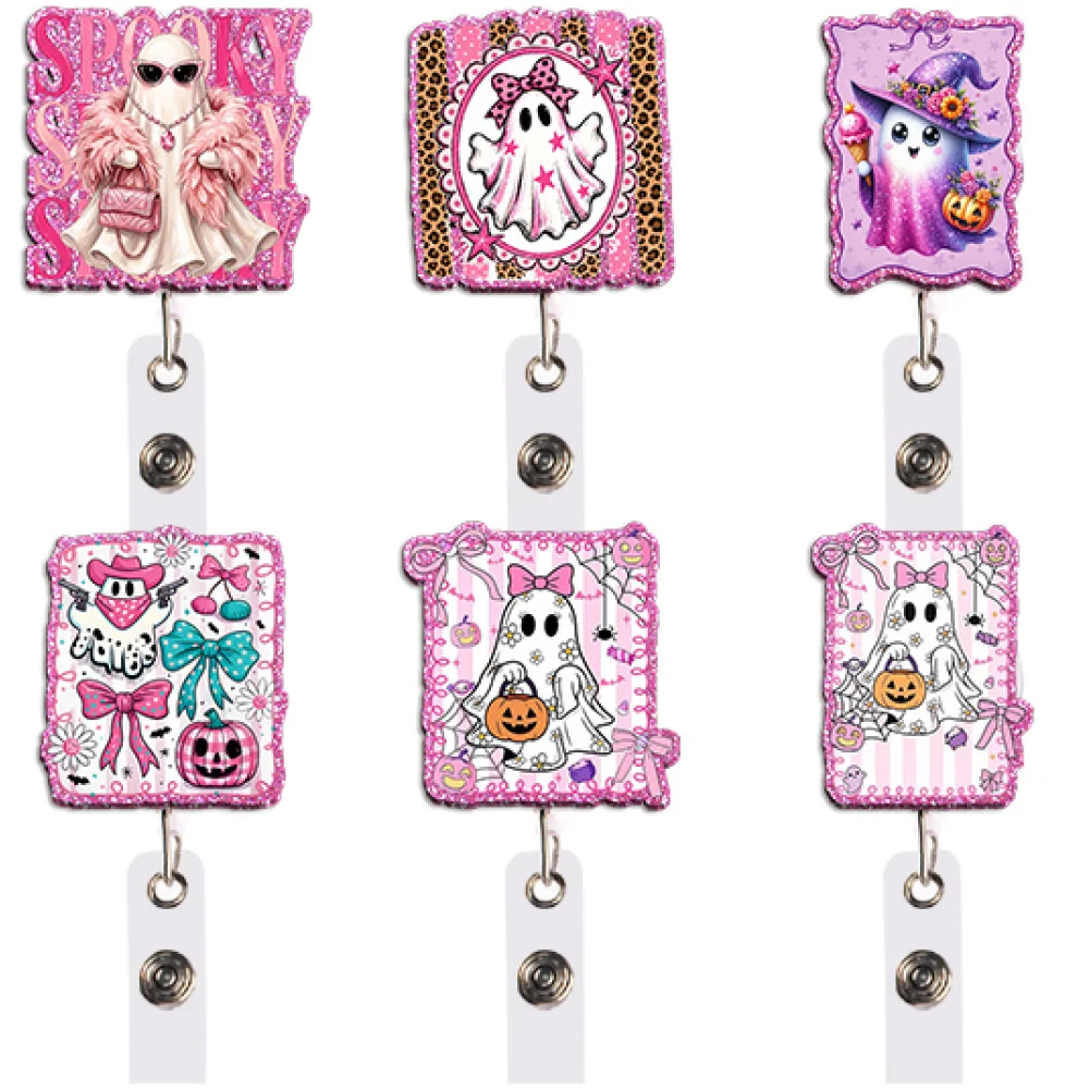 Colorful Pink Badge Reel Retractable ID Holder Skeleton Ghost Witch Spooky Wavy Edge Unique Gift for Fantasy Lovers