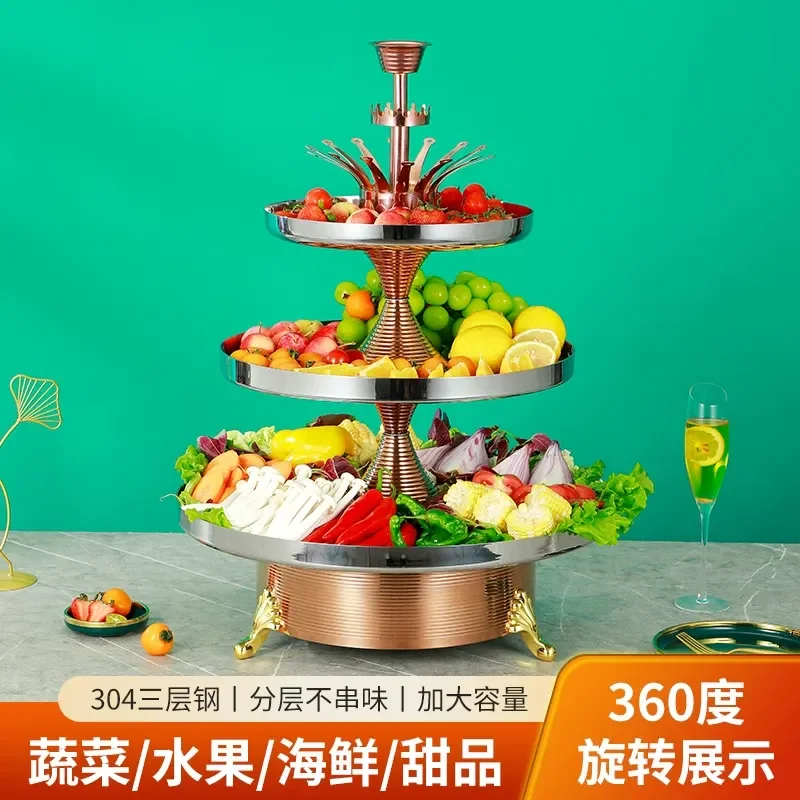 for Luxury Gold Plated 3 Tier Rotating Vegetable Tower Seafood Coffee Plate Hot Pot Lobster Lettuce Fruit Serving Tray