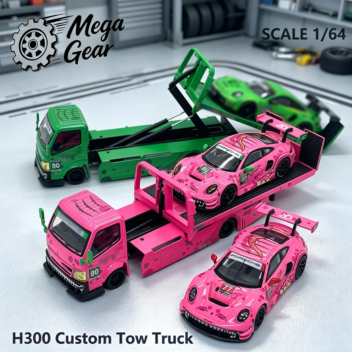 Image of MG 1:64 Dinosaurier-Grafik REXY ROXY Grün & Pink Flachbett-Abschleppwagen mit Laderampen Mega Gear Sammlermodellfahrzeuge aus Legierung