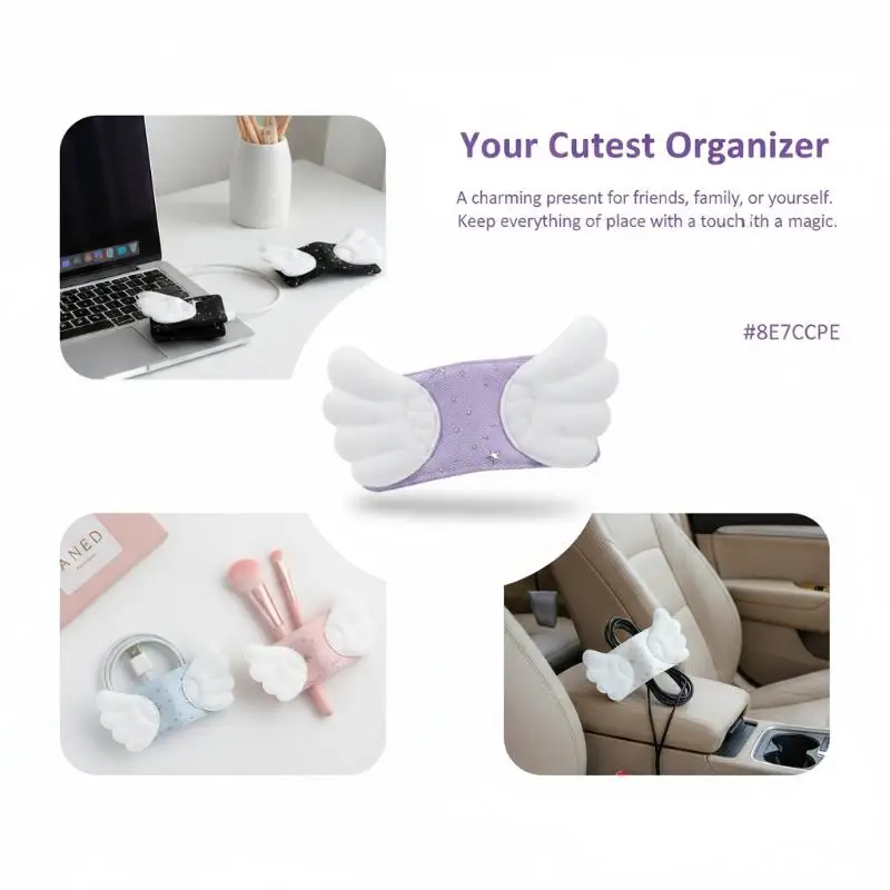 Angel Wing Data Cable Clip with Star Print Reusable Buckle for Organized Desk and Car Storage