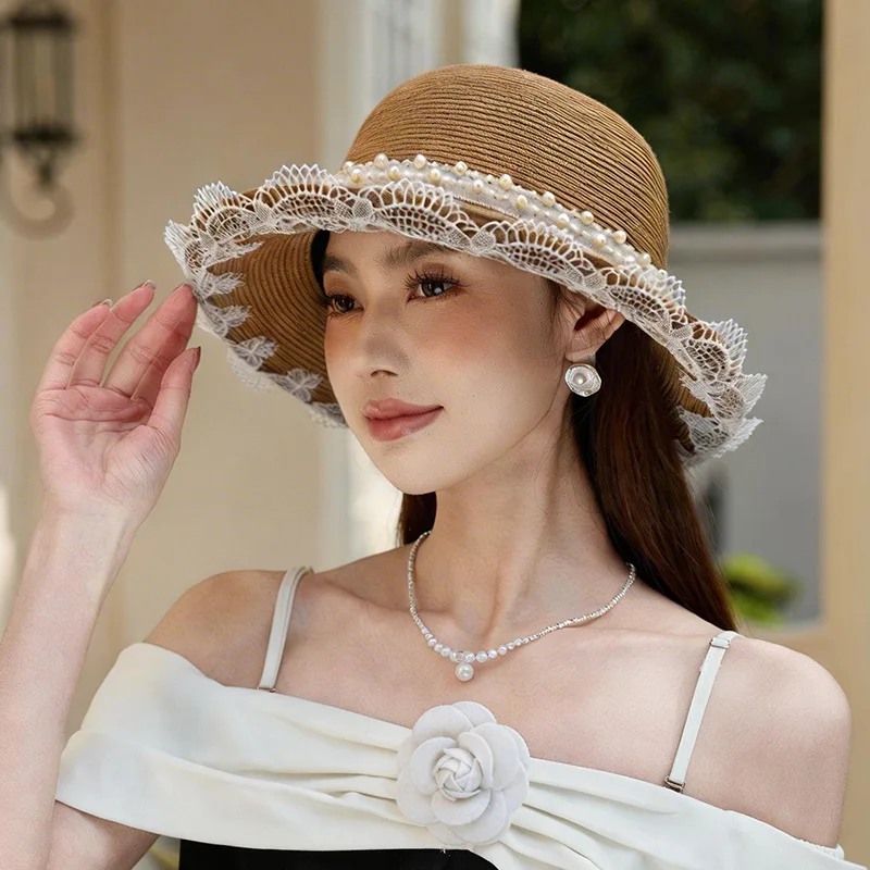 

Unique Handwoven Sunscreen Veil Sunshade Beach Hat Silk and Pearl Decoration Natural 100% Raffia Straw Lace Flower Sun Hat