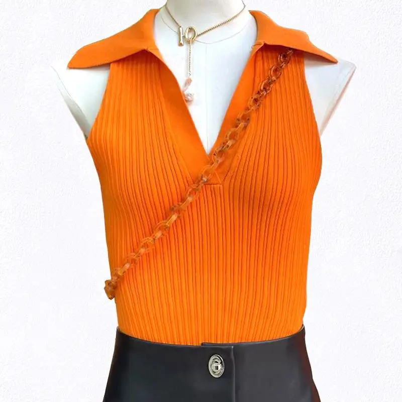 Sexy Hot Girl Women's Summer Korean Version Polo Collar Tank Top New Fashion Sleeveless Slim Ice Silk Knit Top