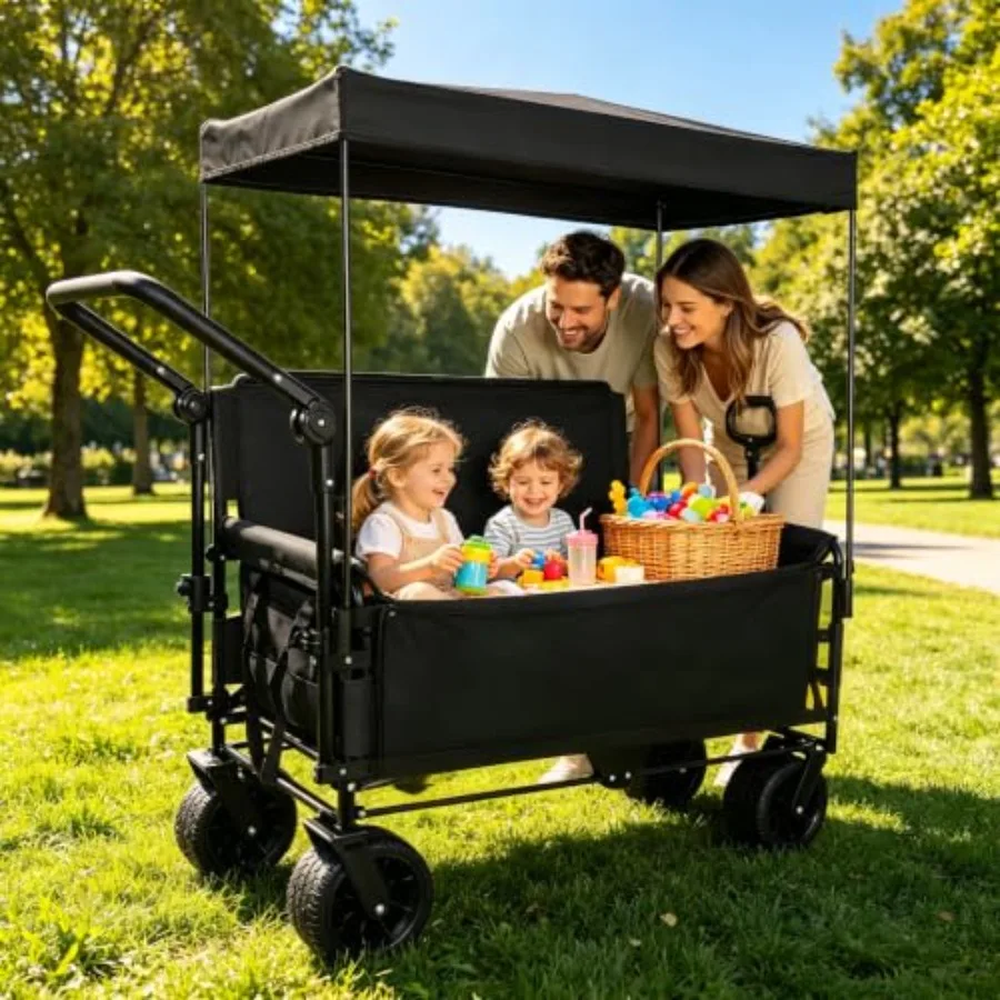 Beach utility wagon cart seat: collapsible, heavy-duty steel frame, navy blue, UV-blocking canopy and all-terrain wheels