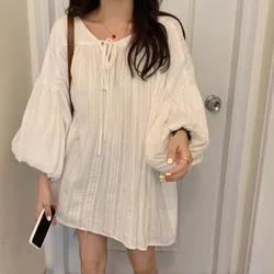 Summer Sunscreen Mid-Length Blouse Women Preppy Style Loose Lace Up Shirts Female 2024 Casual Wild White Lantern Sleeve Shirt