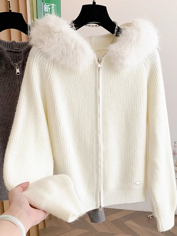 Loose Women's Knitted Sweater Coat with Double Zipper And Fur Collar Korean Sle Simple White Open Cardigan Outerwear