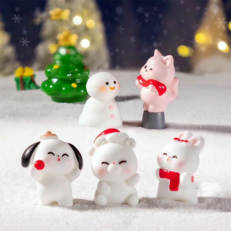 1pc Cartoon Christmas Animal Snowman Micro Landscape Ornament Miniature Figurines DIY Home Decoration Accessories New Year Gifts