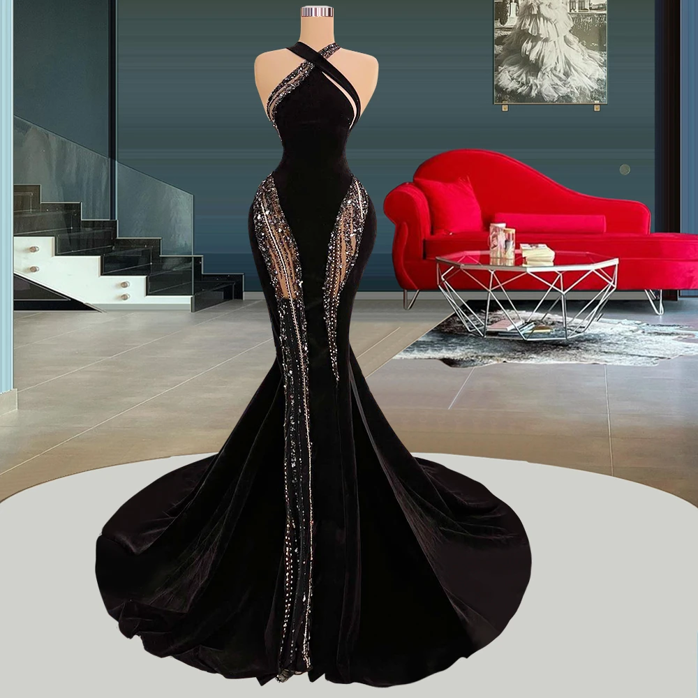 Floria – robe de soirée de forme sirène pour femme, tenue de soirée, noire, Haute Couture, avec découpe et perles, style dubaï, longue, célébrité, pour mariage