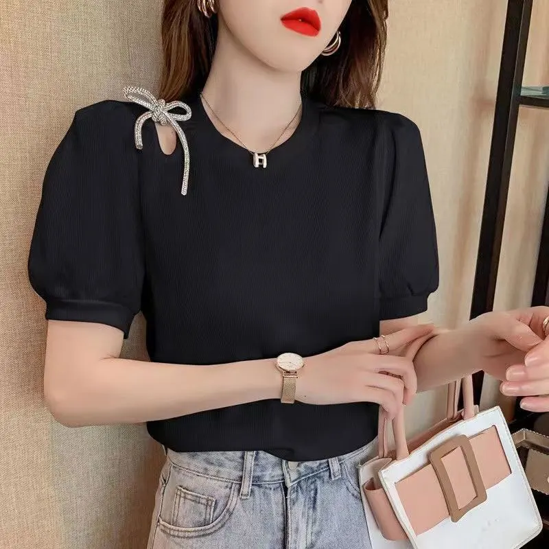 Women\'s Summer Fashion Simplicity Solid Color O-neck Short Sleeve T-Shirt Women Clothing Casual All-match Temperament Slim Tops