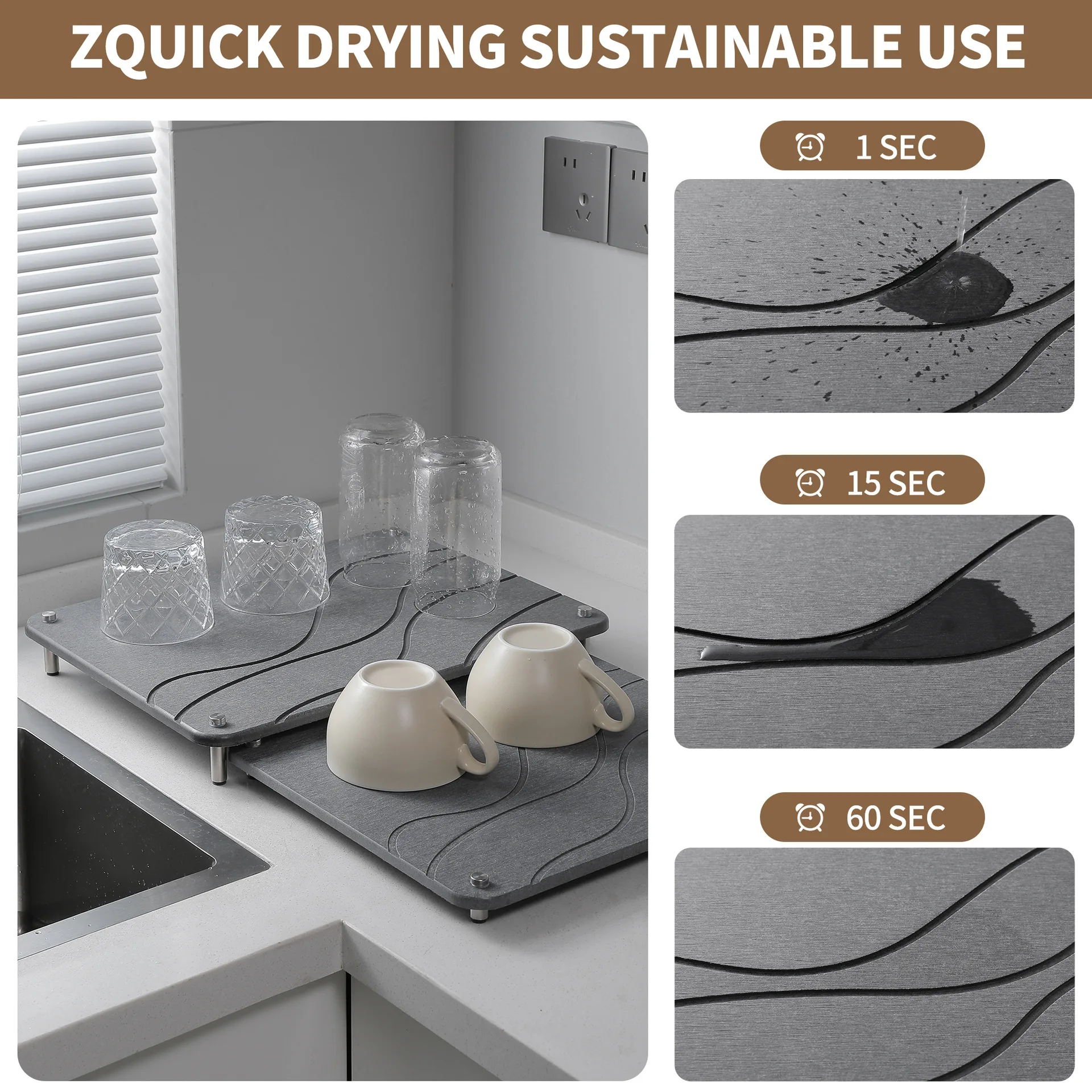 2 Pack Diatomite Kitchen Counter Mat, Nested Table Drainage Mat for Tableware & Chopsticks