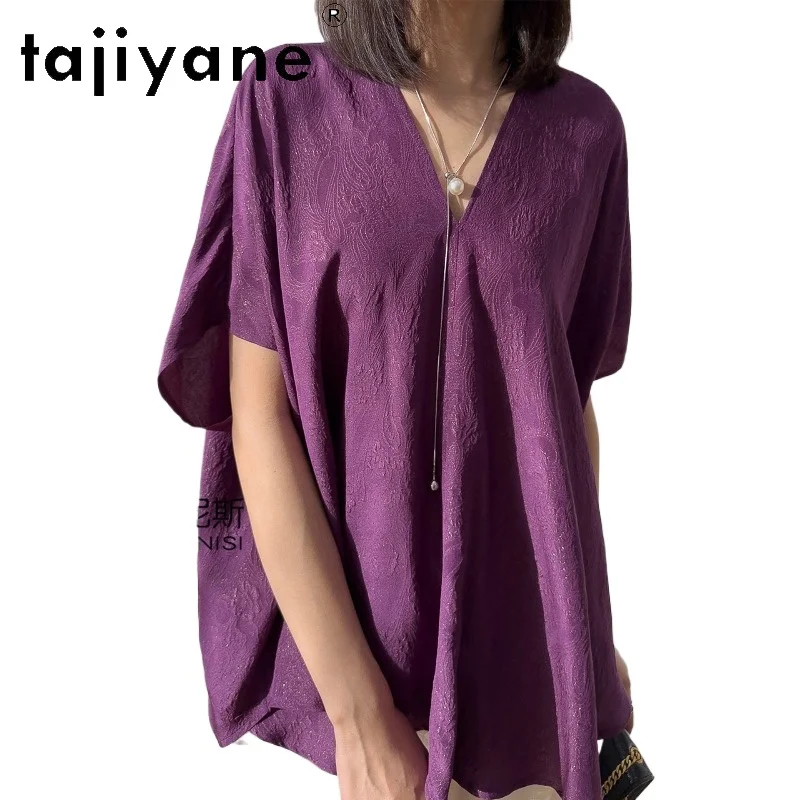 TAJIYANE 100% Real Mulberry Silk Women T Shirts Gold Thread Jacquard Batwing Sleeve Tops for Woman Plus Size Clothing 티셔츠 Purple