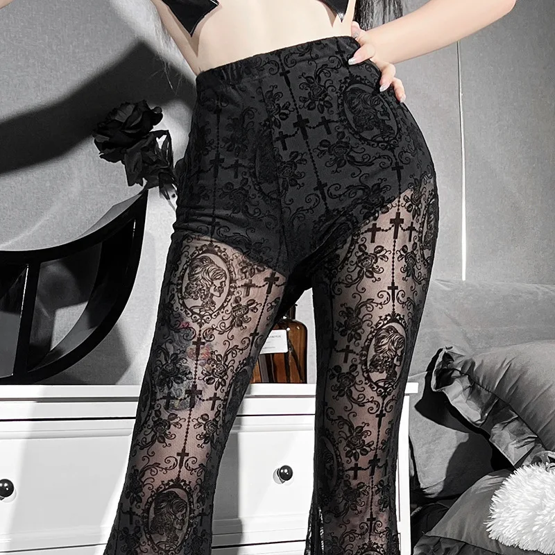 Women's Summer New Dark Casual Pants Sexy Slim Printed Lace Design High Waist Flare Trousers