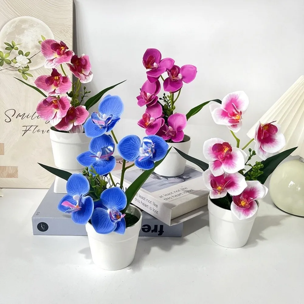 5 Blooms Artificial Orchid Arrangement Indoor Realistic Phalaenopsis Orchid Decor Compact Green Leaves