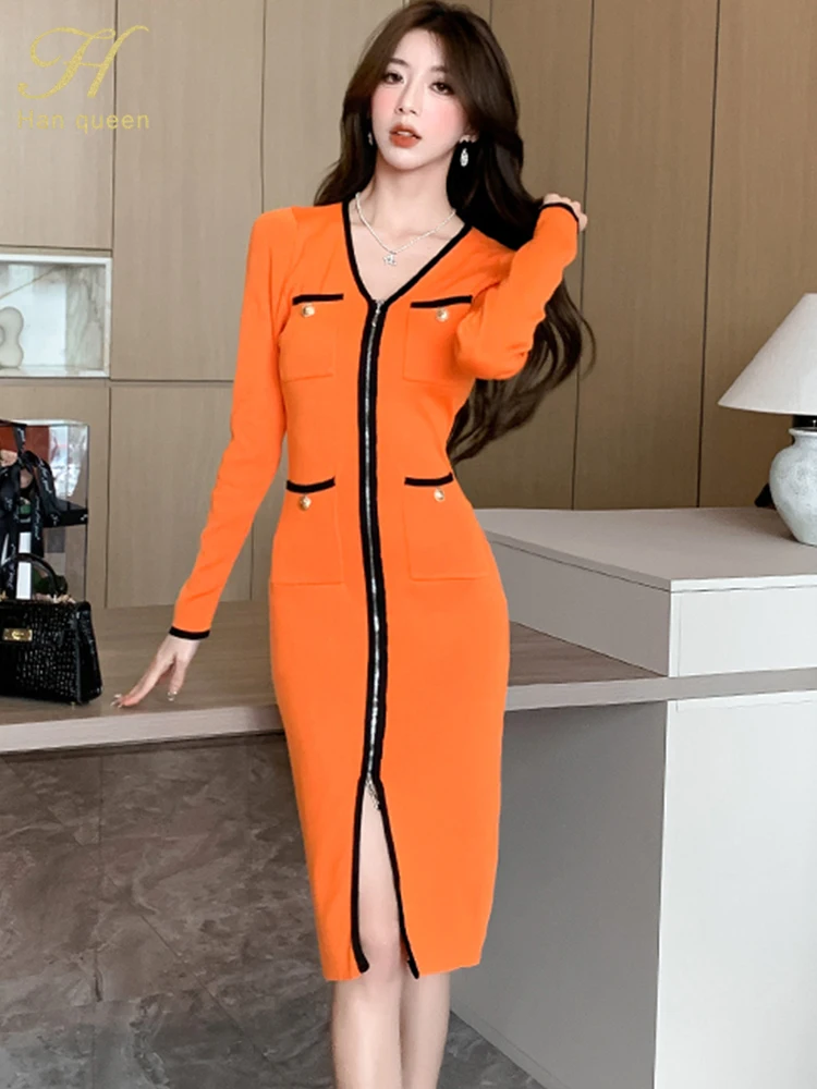 H Han Queen Autumn Fashion Color Blocking Korean Zipper Elegant Office Pencil Knitted Dress Women Casual Dresses Bodycon Vestido