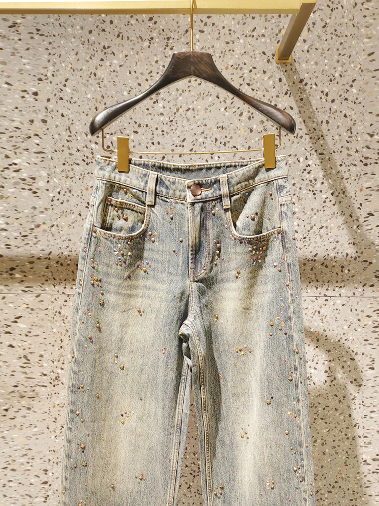 ارتفاع الخصر واسعة الساق الدينيم الجينز المرأة الخريف الشتاء تصميم الإحساس الحديد الماس المياه Waed خمر Sle جينز غير رسمي #4