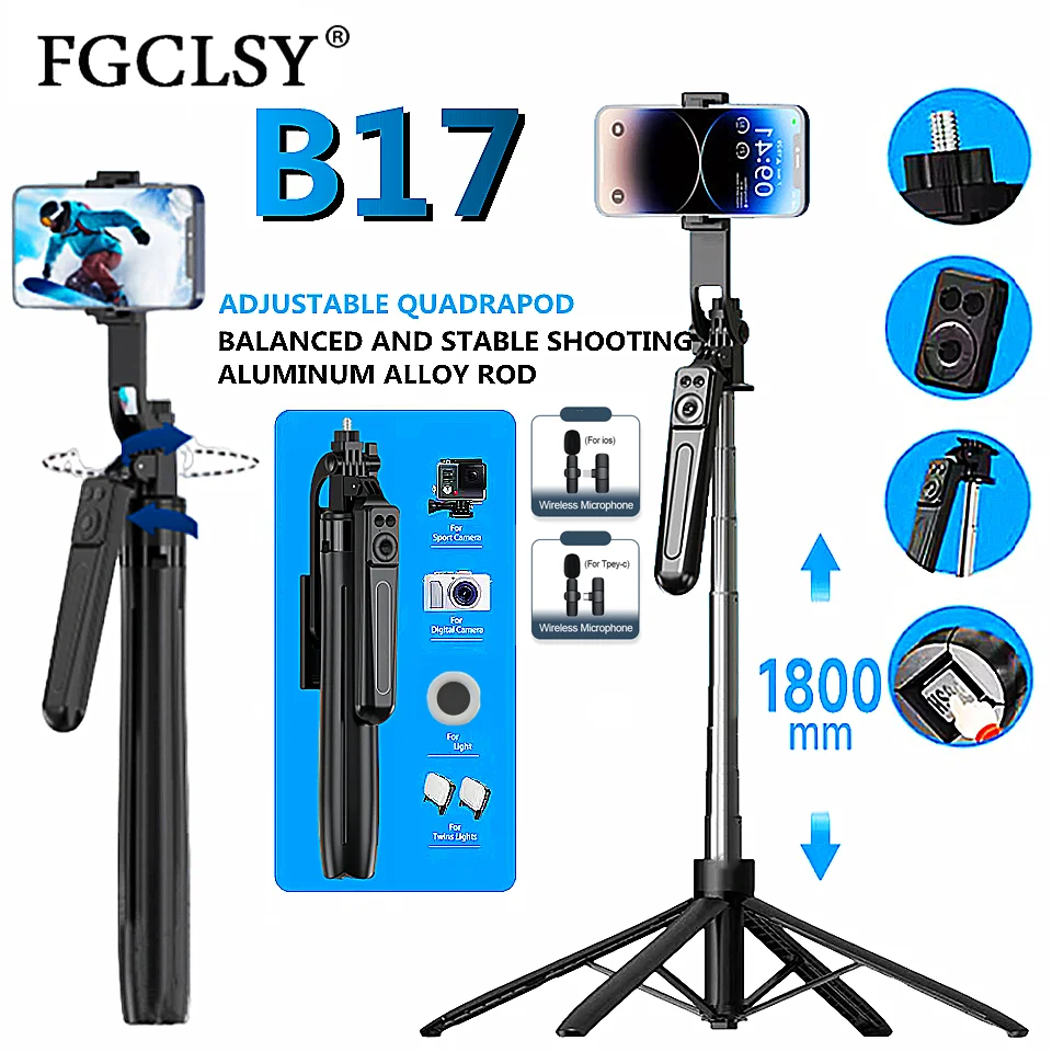 

FGCLSY 2025 Портативный штатив для телефона Selfie Stick с подсветкой и беспроводным пультом дистанционного управления и 360° ° вращение для видеозаписи