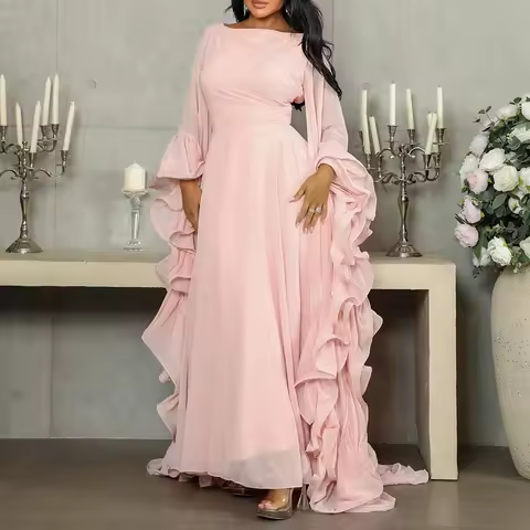 Fashion O Neck Ruffled Chiffon Gown Dress 2026 Casual Long Sleeve Soft Evening Dress Women Elegant High Waist Sheer Pink Dress