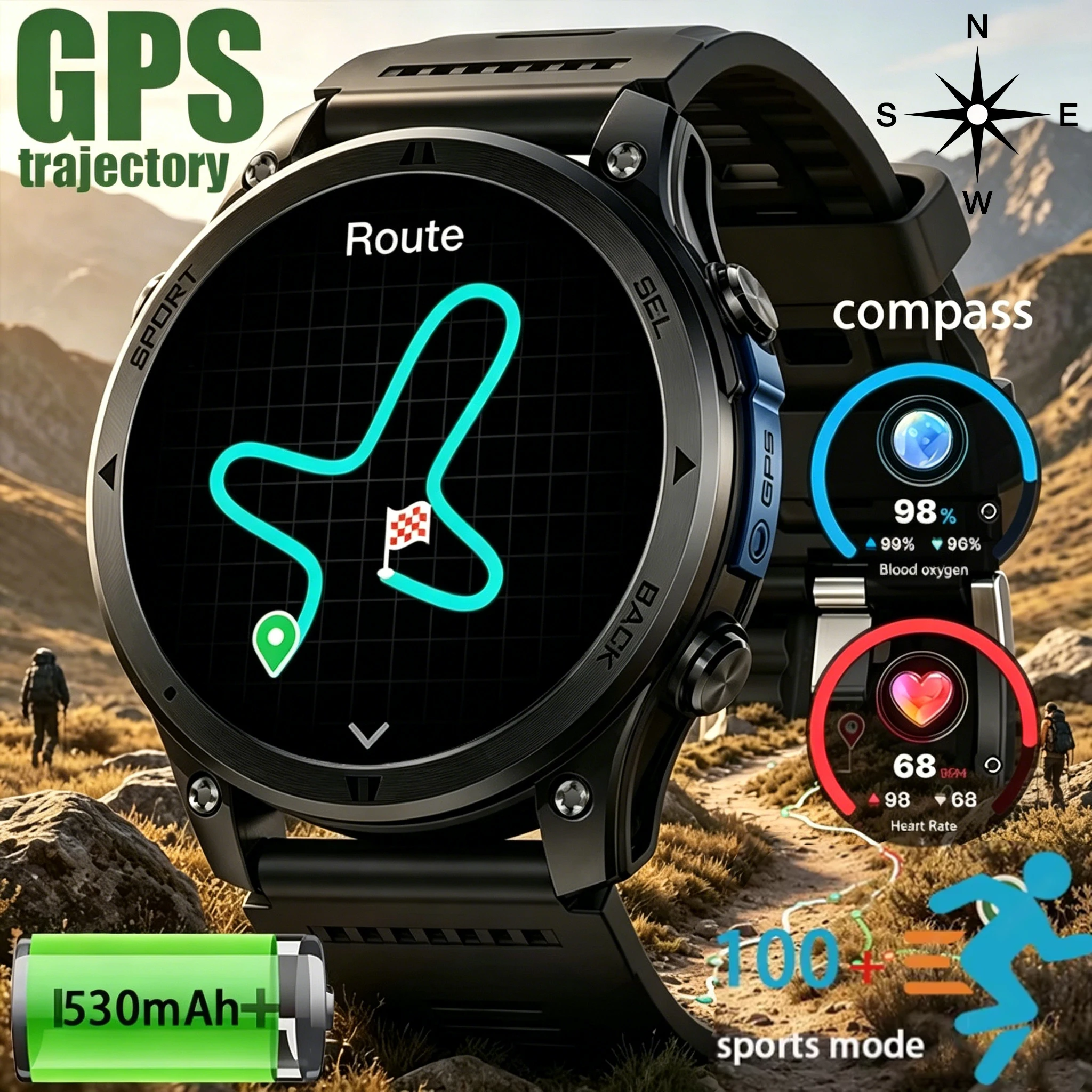 2026 New GPS track Durable Outdoor Men's Smart Watch Bluetooth Call Compass Heart Rate Blood Oxygen Fitness Tracker Sports Watch