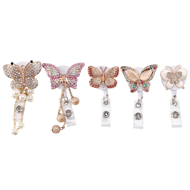 5Pcs Retractable Badge Holder Reel, Butterfly Handmade Bling Rhinestone ID Badge Holders With Clip, For Volunteer Nurses