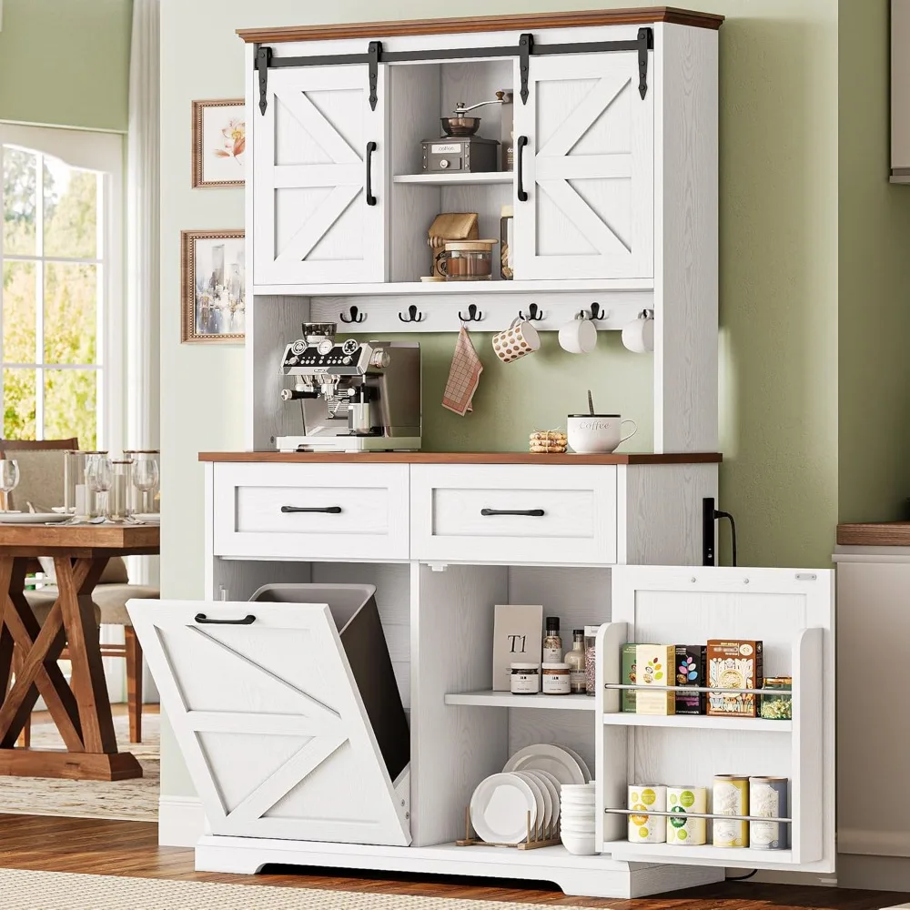 

"Farmhouse-Style Kitchen Pantry Cabinet with Microwave Stand and Charging Station"