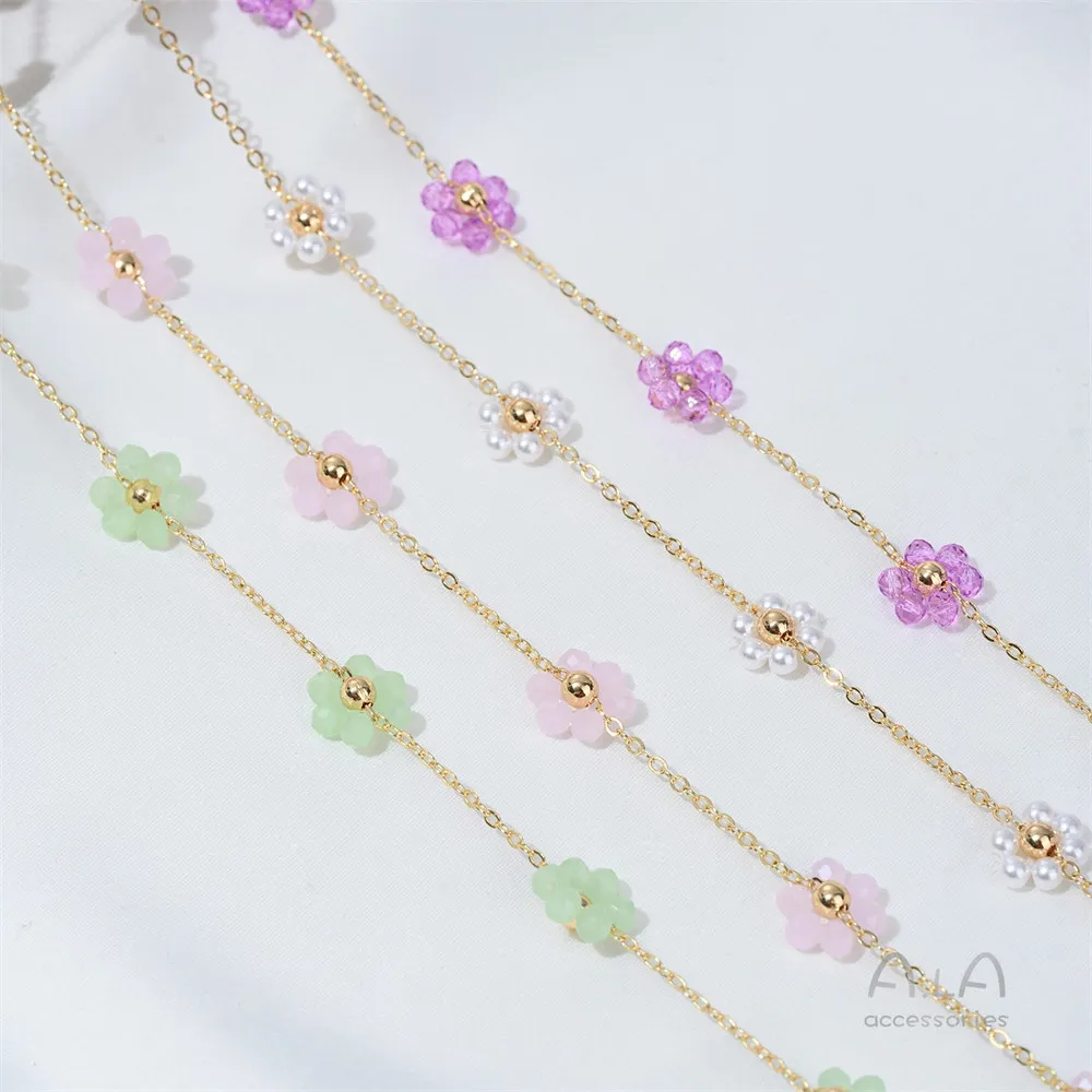 Diy Chain 14K Real Gold Pearl Purple Powder Green Crystal Flower Loose Chain Handcrafted Necklace Bracelet Accessories