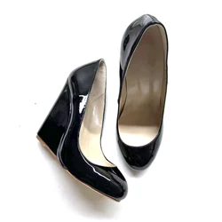 Women’s Black Patent Wedge Pumps Round Toe – Elegant Heels Casual Work Shoes, Customizable