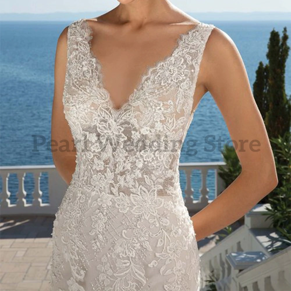 Pmwrun abito da sposa con scollo a v Appliques Illusion Mermaid Chapel Train sposa abiti da sposa di alta qualità Multi Size personalizzabile