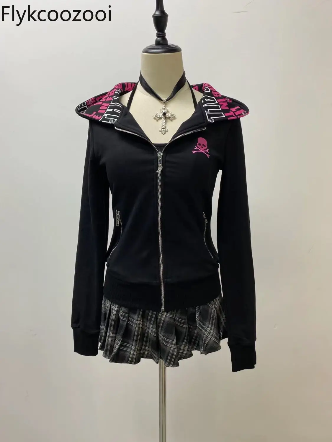 

Velvet American Retro Vintage Autumn and Winter Black Letter Hooded Zipper Sweatshirt Waist Slim Fit Top Jacket