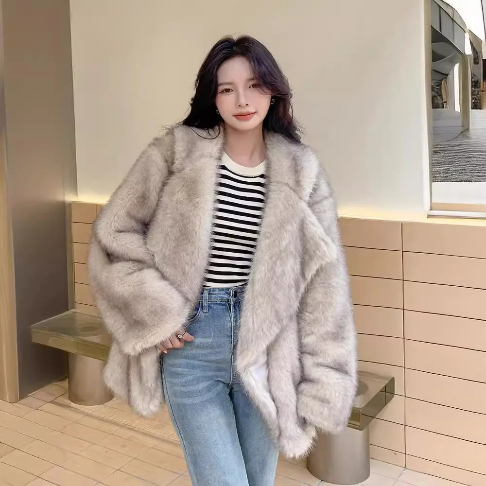 Faux Fur Coats Women Mid Length Coat Turn Down Collar Thick Overcoat Warm Y2k Streetwear Elegant Splice Outerwear Autumn Winter