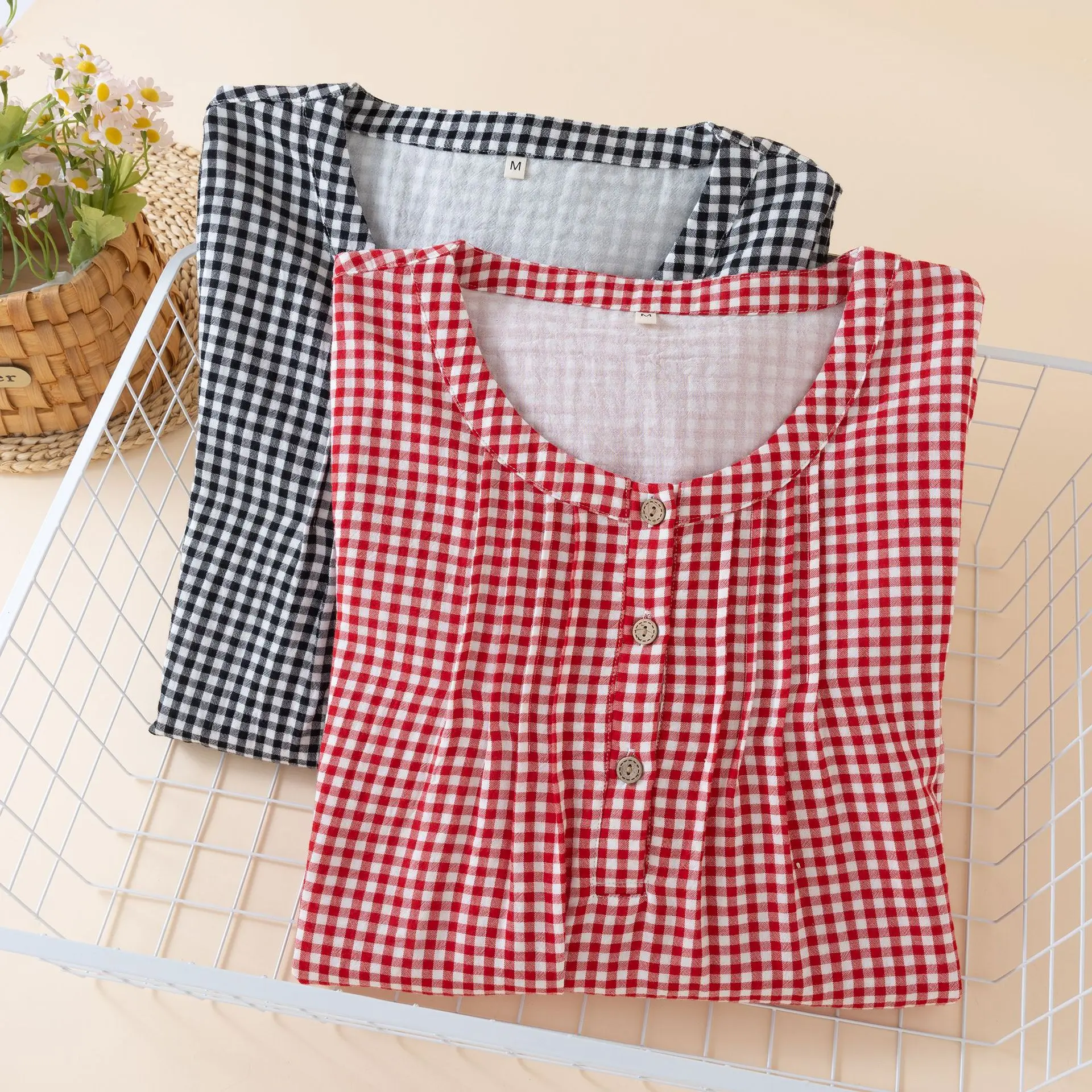 

Spring and Summer Thin Nightdress Loose Long-Sleeve Thin Long Home Dress Round Neck Cotton Gauze Plaid Nightgown Home Clothes