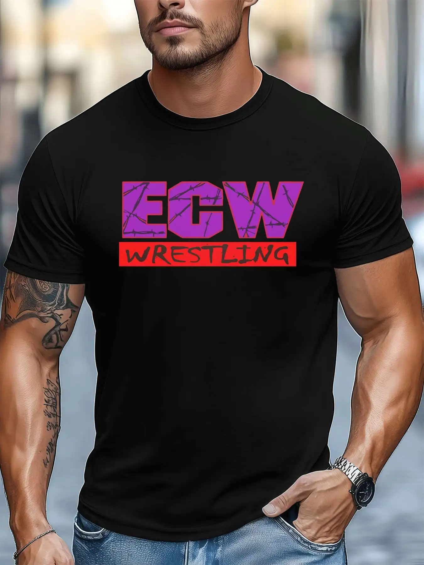 ECW المصارعة الجرافيك المحملة الرجال 220gsm جديد الصيف عادية طاقم الرقبة القطن الخالص قصيرة الأكمام تي شيرت