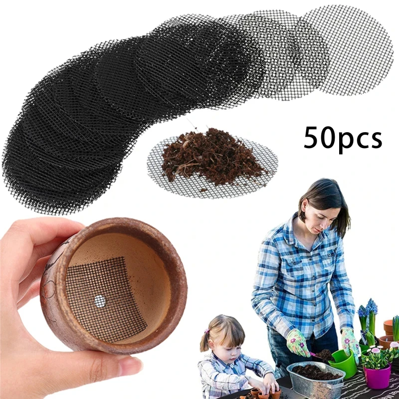 50PCS Pot Hole Screen Mats Plant Bottom Mat Round Drainage Hole Screen Prevent Soil Loss Insect Proof Mesh Mat Gardening Supply