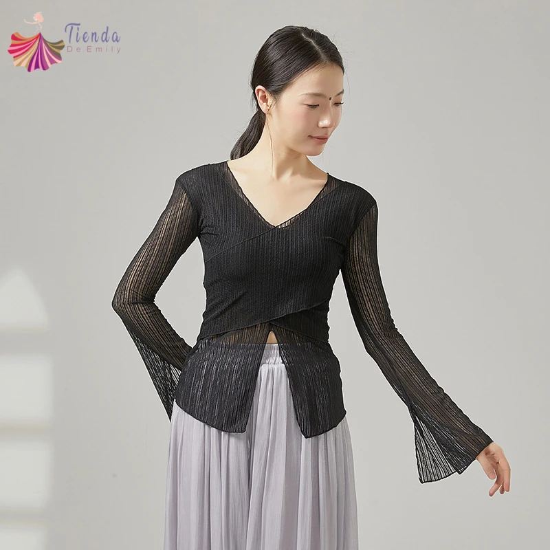 Camiseta de Danza para Mujer, Cuello en V Cruzado, Camisa de Malla Transparente, Manga Acampanada, Blusa de Tul Transparente, Trajes Clásicos de Práctica