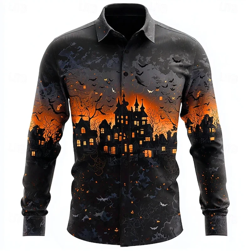 

Новая мужская рубашка с длинными рукавами и принтом «Моторошная ночь» с привидениями, повседневная рубашка большого размера для вечеринки в честь Хэллоуина, мужская рубашка с воротником