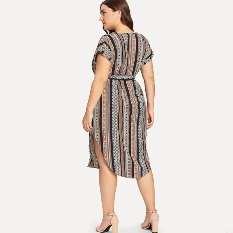 l38e-abito-lungo-midi-da-donna-con-scollo-a-v-a-maniche-corte-e-scollo-a-righe-con-cintura-e-orlo-curvo