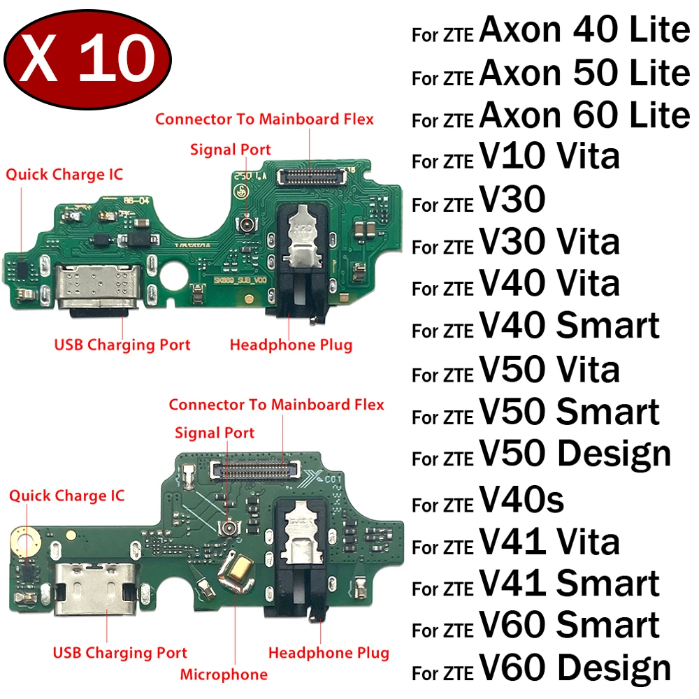 

10Pcs, USB Charger Charging Dock Port Connector Flex Cable For ZTE V10 V30 V40 V50 V41 V60 Vita Smart Design Axon 40 50 60 Lite
