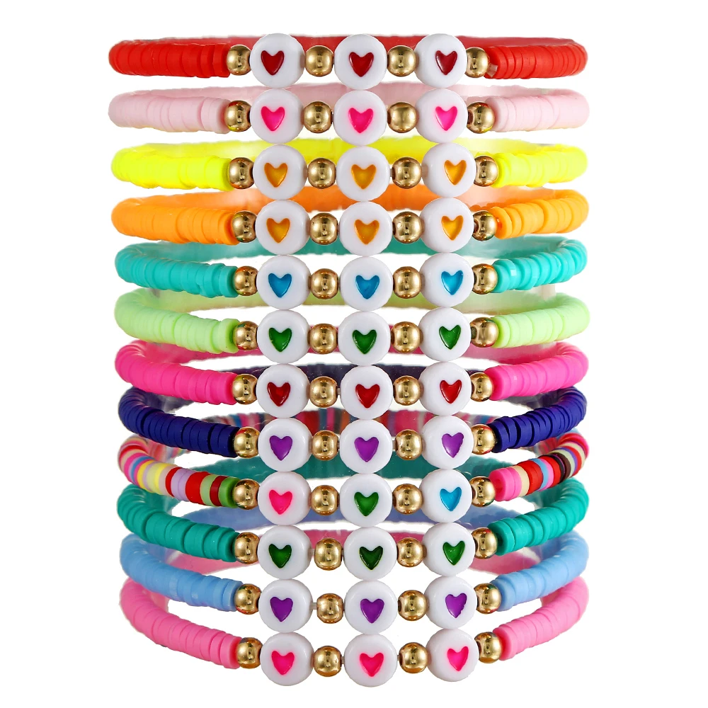 Fashion Simple Creative Design Color Polymer Clay Bracelet Female Elastic Luminous Heart Love Bracelet Combination 12-Piece Set