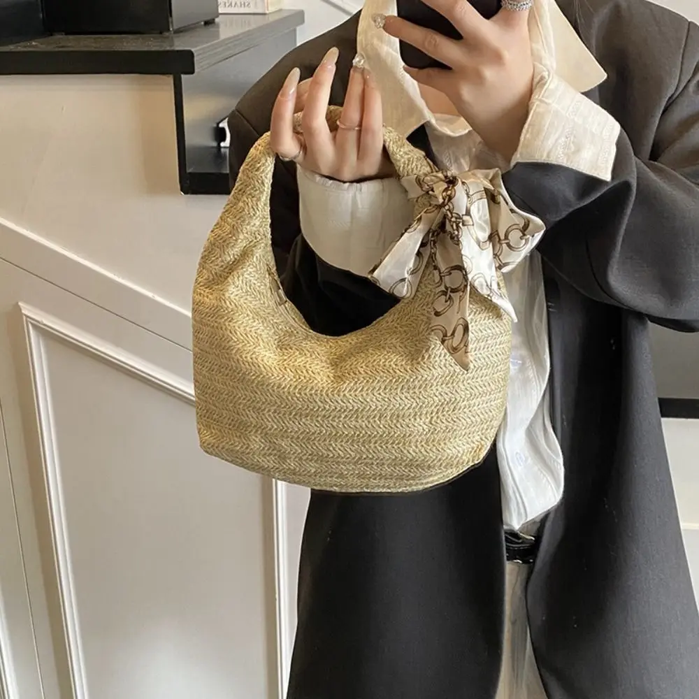 

Trendy Large Capacity Straw Bag Grass with Silk Scarf Weave Tote Bag Half Moon Simple Rattan Handbag Summer