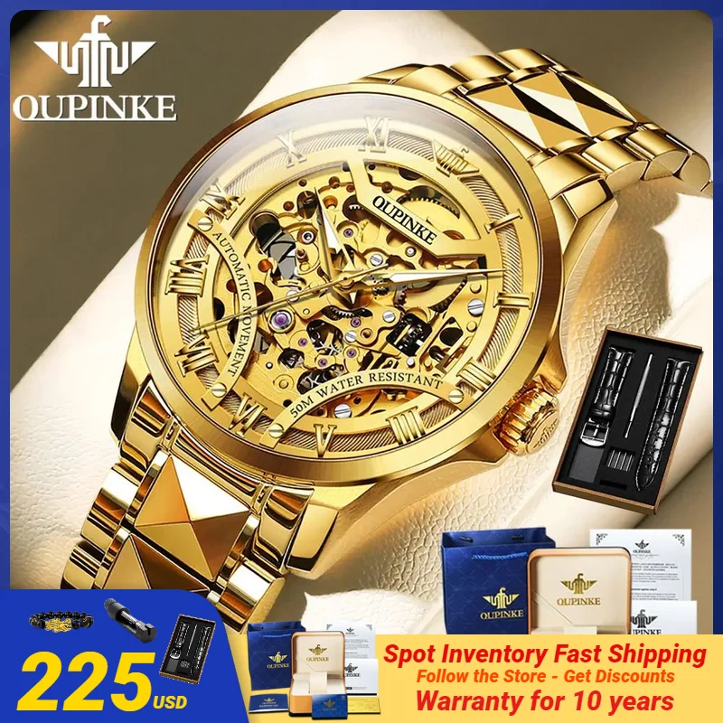 OUPINKE 3210 Original Mechanical Watch for Men Stainless steel Full Hollow Out Waterproof Automatic Men's Wristwatch Hand Clock