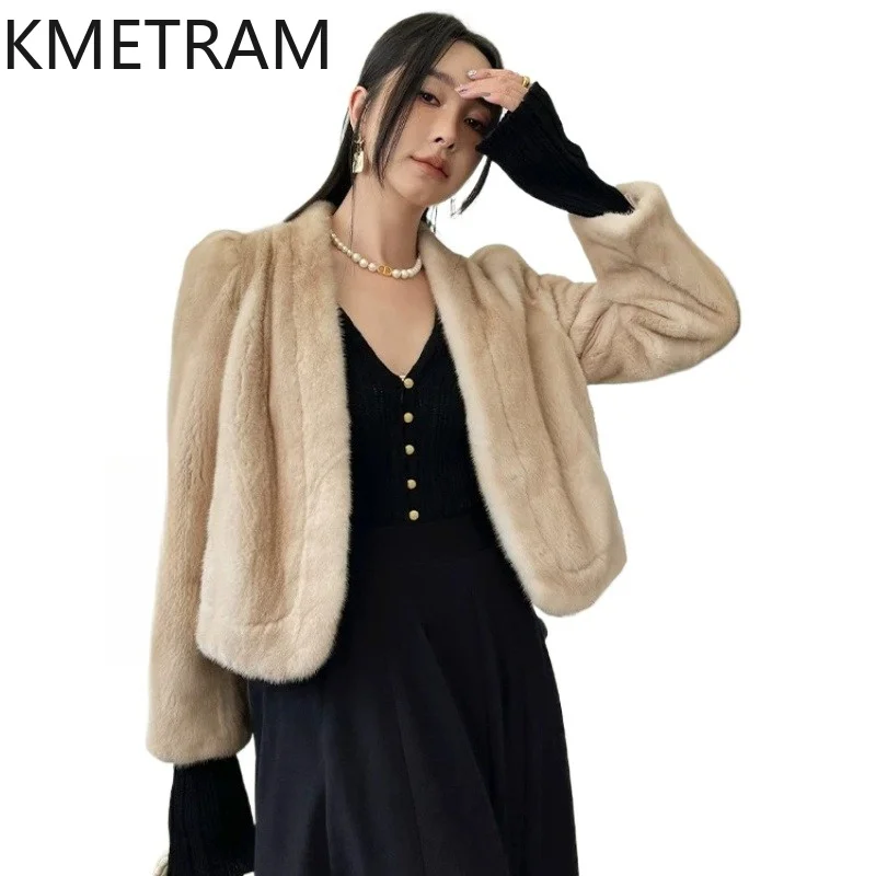 

KMETRAM Women's Natural Mink Fur Coats Stylish Short V-Neck Fur Jacket Winter Luxury Real Fur Coat Woman Clothes 2026casaco pele
